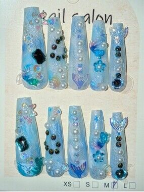 Hand Crafted Iridescent Light Blue Mermaid Pearl Coffin Press-On Nails 2xl Sz M
